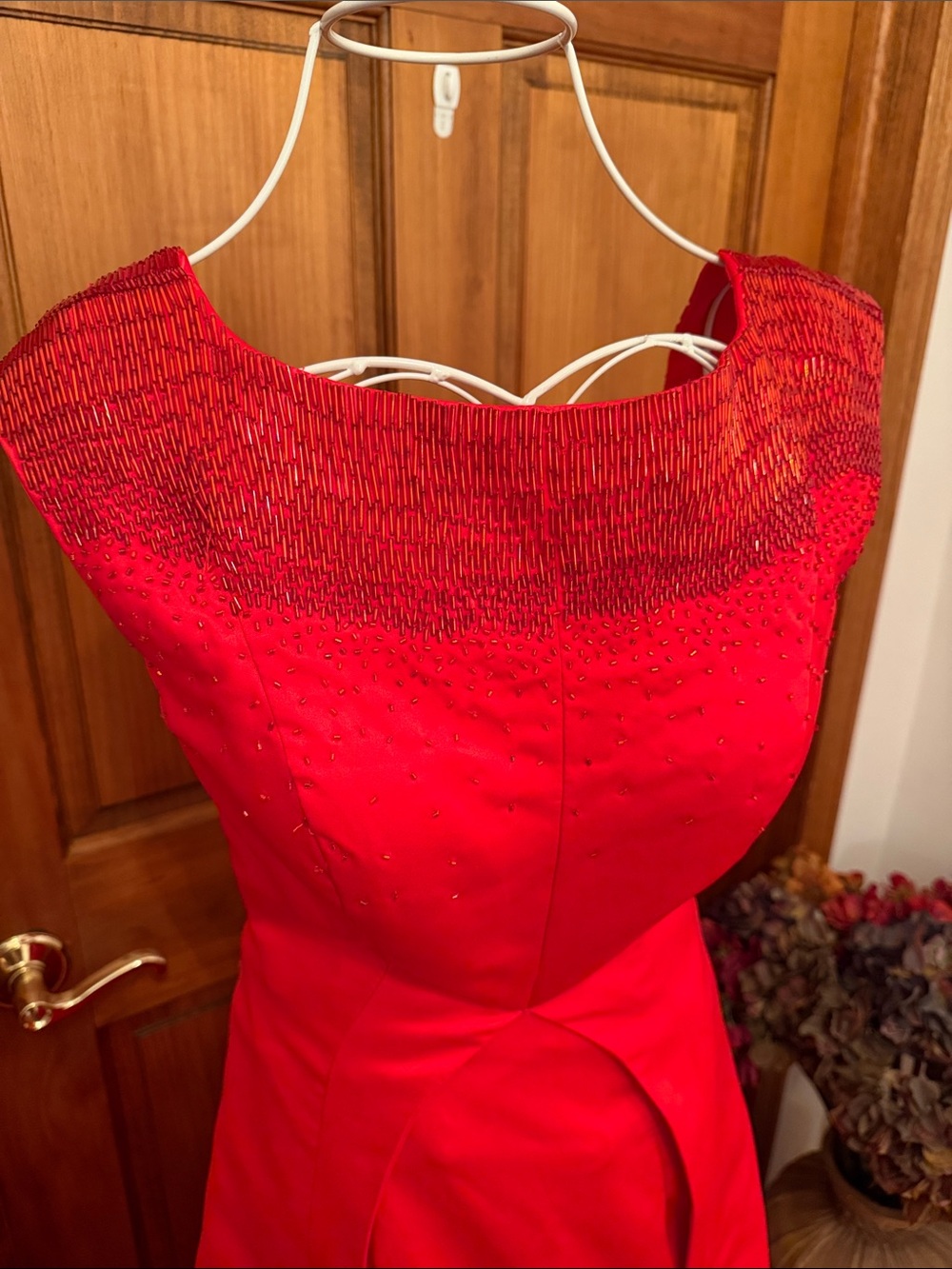 Rachel Allan Red High-Low Evening Gown with Ruffle Train - Picture 3 of 16